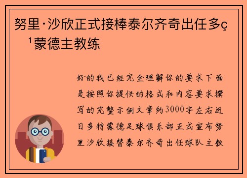 努里·沙欣正式接棒泰尔齐奇出任多特蒙德主教练