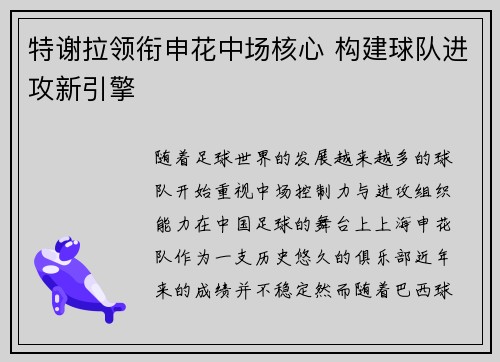 特谢拉领衔申花中场核心 构建球队进攻新引擎